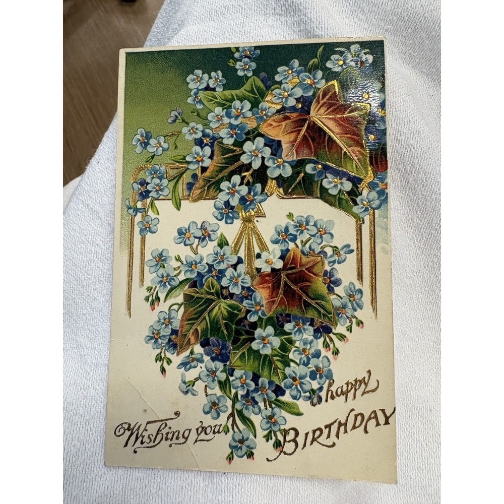 VTG Happy Greetings Ivy Forget Me Not Flowers Leaf Foliage Embossed Postcard
